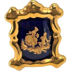 Limoges Courting Couple Figures Frame Blue Gold Porcelain France ~2 x 2.25" VTG